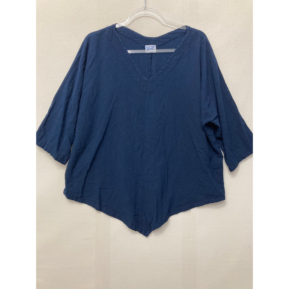 Oh My Gauze Top Size 3 XXL Navy V-Neck Sharkbite Hem Cotton Boho Lagenlook Relax